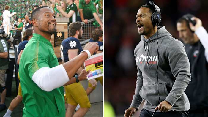 Marcus Freeman with Notre Dame; Marcus Freeman with Cincinnati
